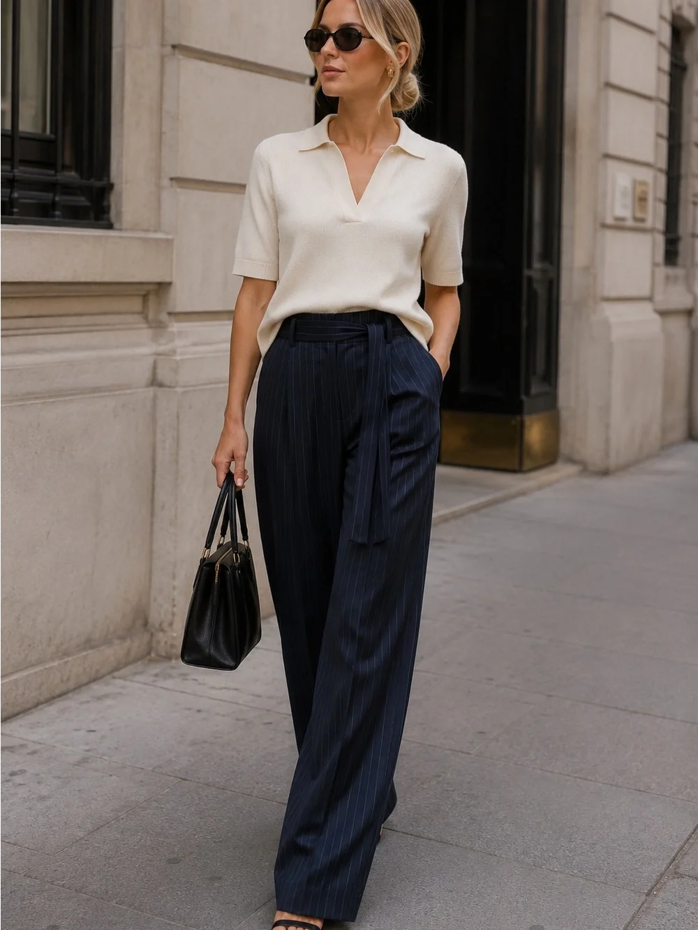 Zara XS Navy Pinstripe Wide Leg Tie Waist Pants High Rise - Picture 4 of 8